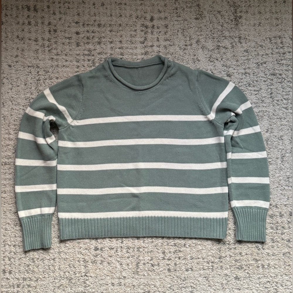 Gap Women’s Green and Ivory Striped Cotton Rollneck Sweater - Size L
